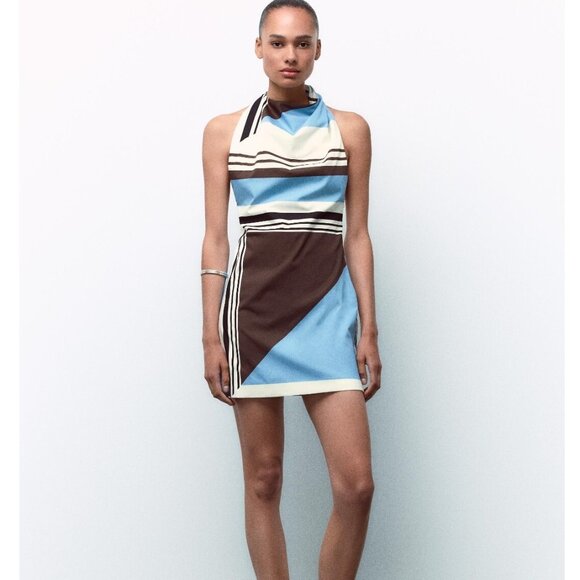 Zara Blue and Brown Mini Dress - Picture 1 of 15